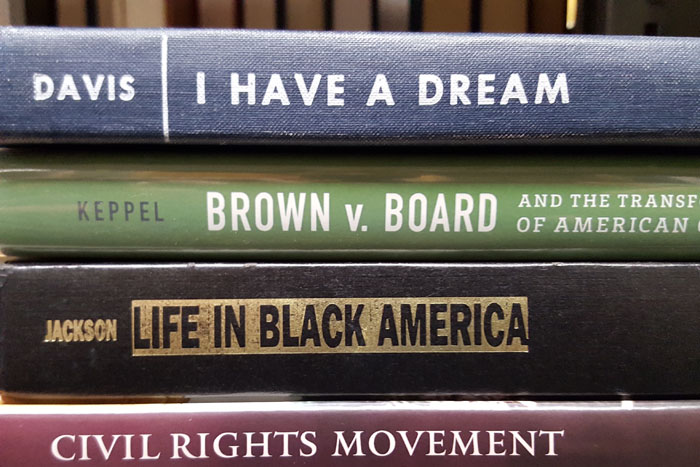 Stack of books including one titled I Have a Dream and one titled Life in Black America.