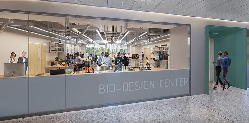 Rendering of building interior showing entrance of Bio-Design Center.