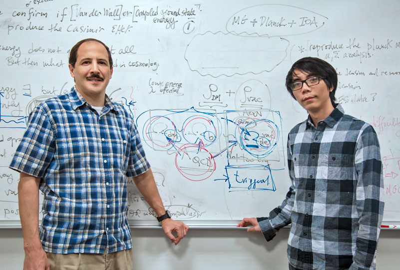 Ishak-Boushaki and Lin in front of white board showing research notes
