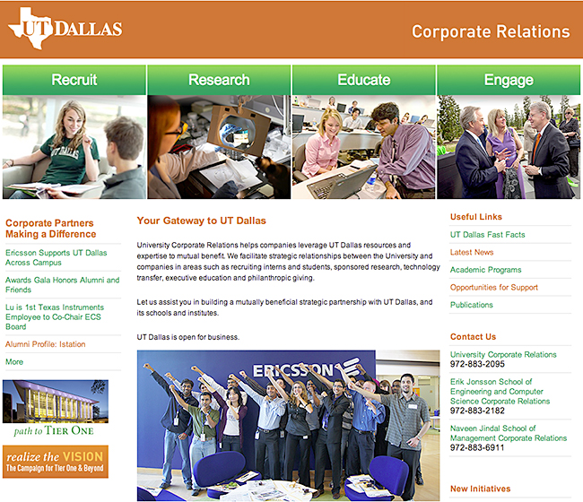 Image of Corporate Relations website at UT Dallas